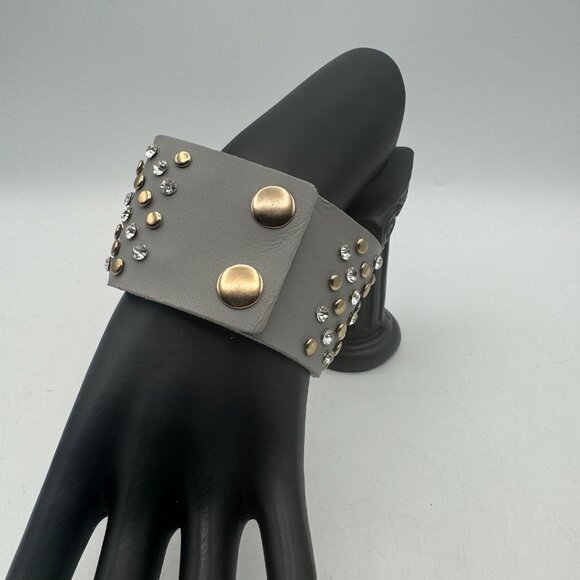 Wide Cuff Bracelet Rivet Crystal Studded Gray Snap Closure Statement Jewelry - Picture 3 of 5